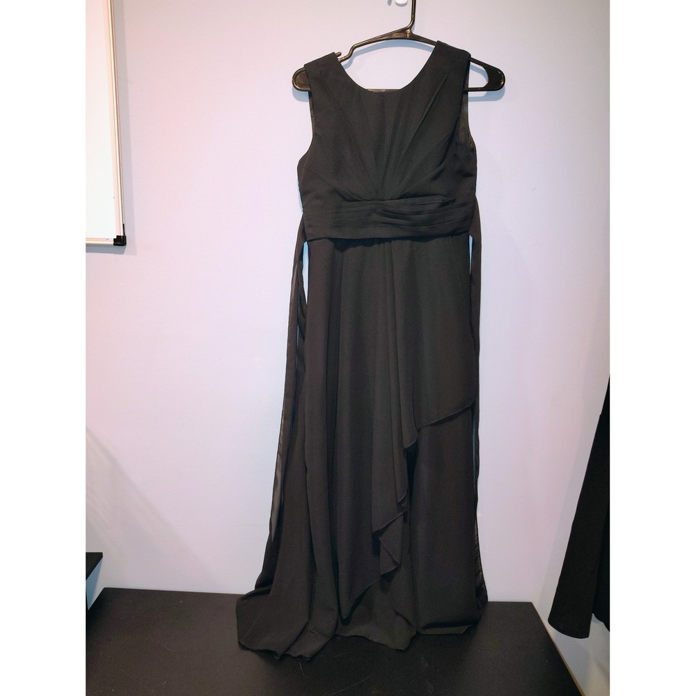 Black Chiffon Sleeveless Maxi Dress with Pleated Bodice and Tie Back Waist